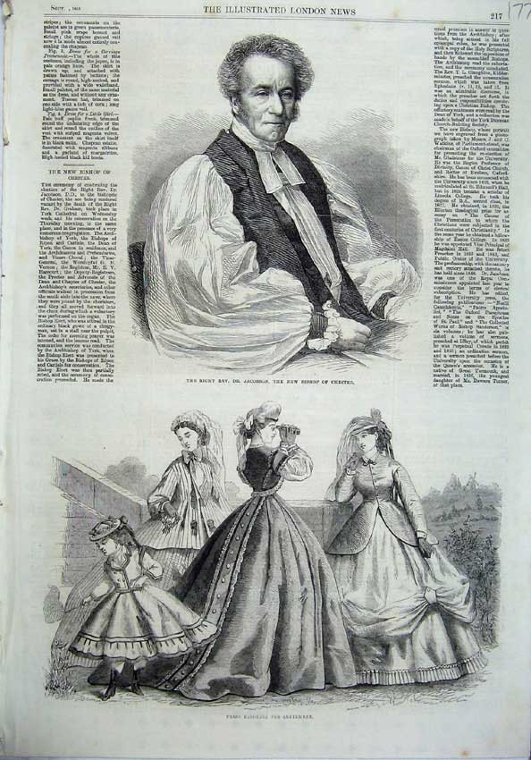 Original Old Antique Print Paris Fashion 1865 Dr Jacobson Bishop Chester Church