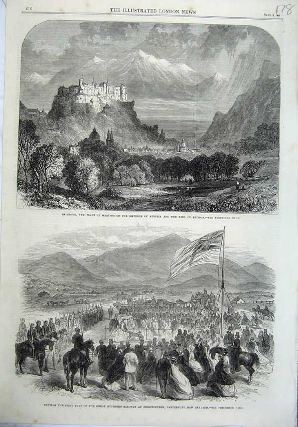 Old Antique Print 1865 Slazburg Castle Mountains New Zealand Railway Flag 19th