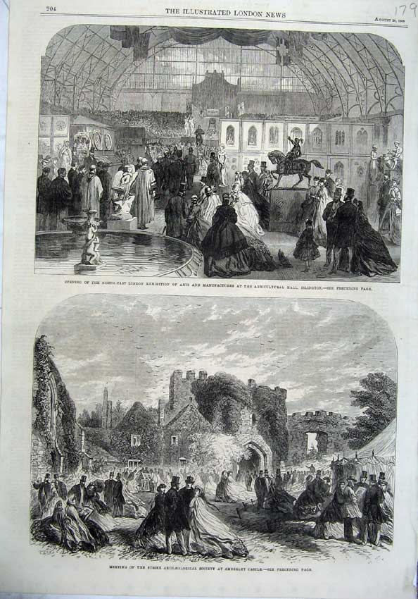 Old Antique Print 1865 Islington London Exhibition Arts Amberley Castle 19th