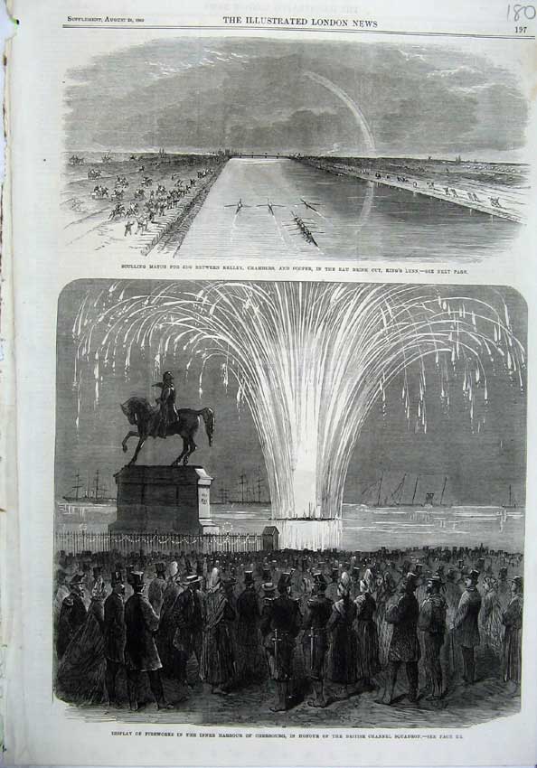 Old Antique Print Sculling Match Kelley King'S Lynn Fireworks Cherbourg 19th