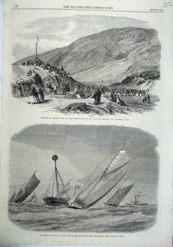 Old Antique Print 1865 Welsh Bards Vale Conway Sailing Ship Race Thames 19th