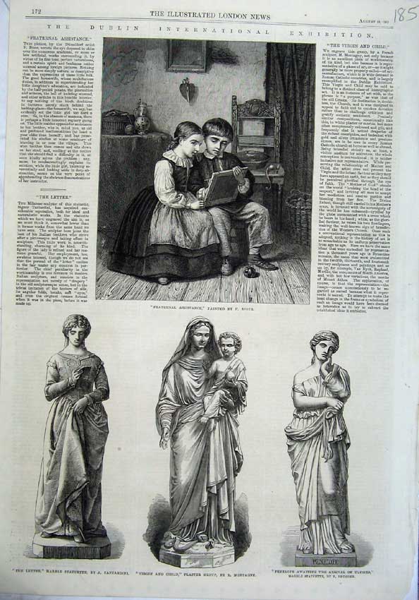 Original Old Antique Print 1865 Children Reading Boser Statue Virgin Penelope