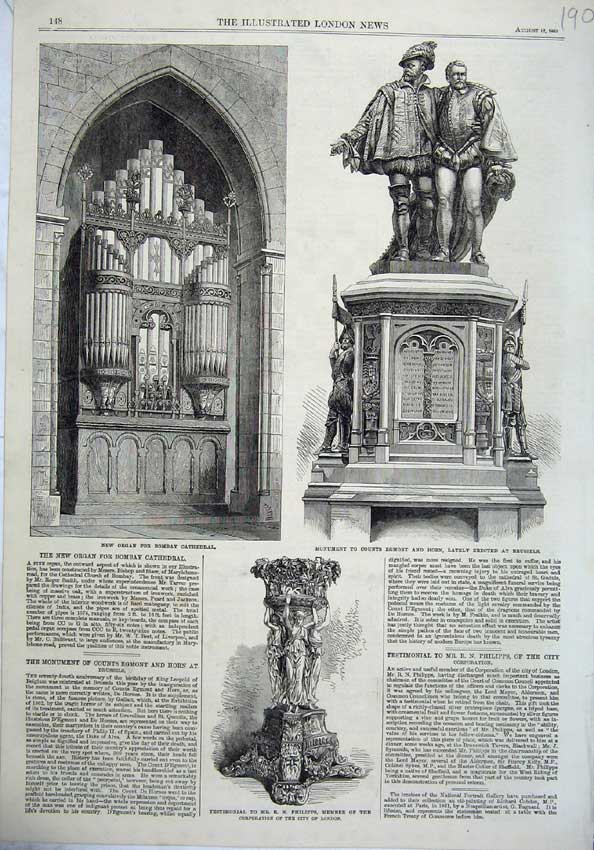 Original Old Antique Print 1865 Organ Bombay Cathedral Monument Egmont Philipps