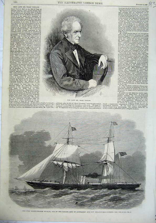 Original Old Antique Print Mr Isaac Taylor 1865 Steam Ship Ruahini Panama Mail
