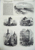 Original Old Antique Print Munich 1865 Market Place Street Walls River Isar