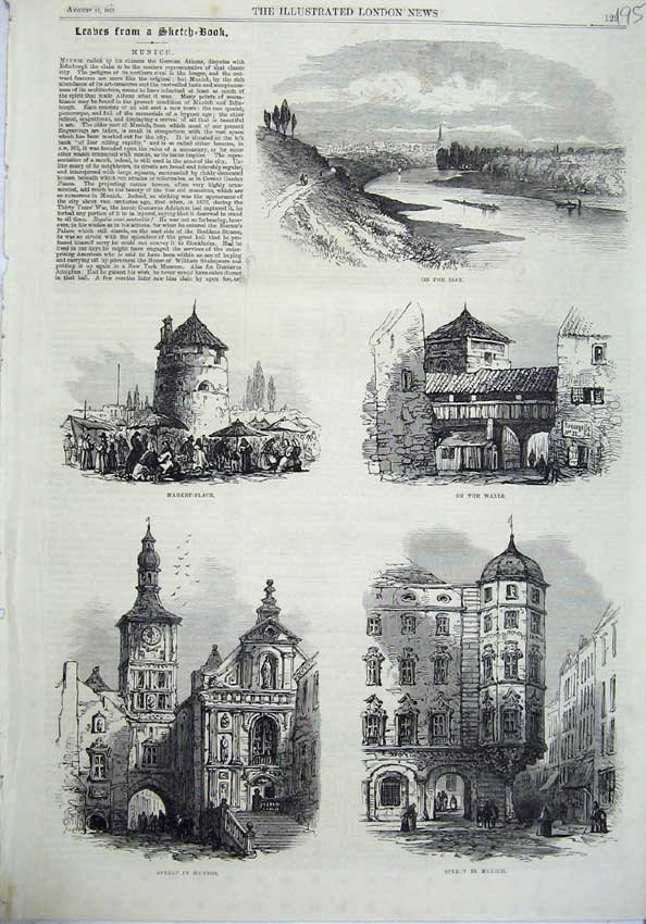 Original Old Antique Print Munich 1865 Market Place Street Walls River Isar