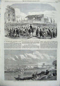 Old Antique Print 1865 Lambeth Election Kennington Park River Severn Boat 19th