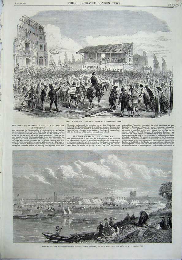 Old Antique Print 1865 Lambeth Election Kennington Park River Severn Boat 19th
