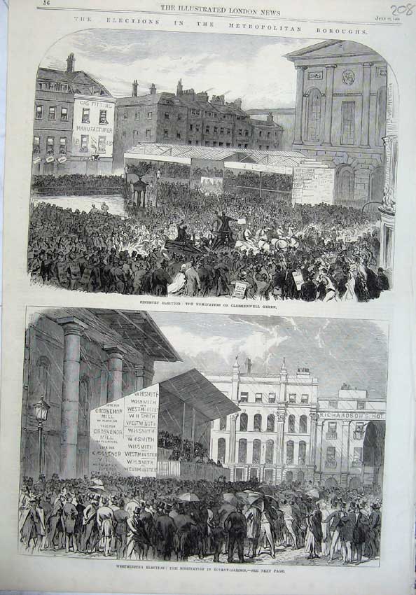 Old Antique Print Finsbury Election Green 1865 Westminster Covent Garden 19th
