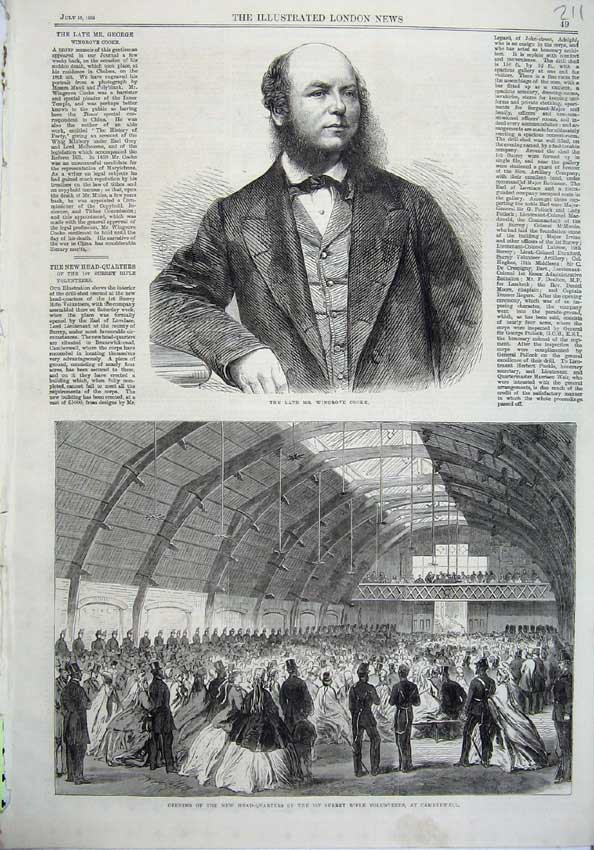 Original Old Antique Print 1865 Mr Wingrove Cooke Surrey Rifle Volunteers Army