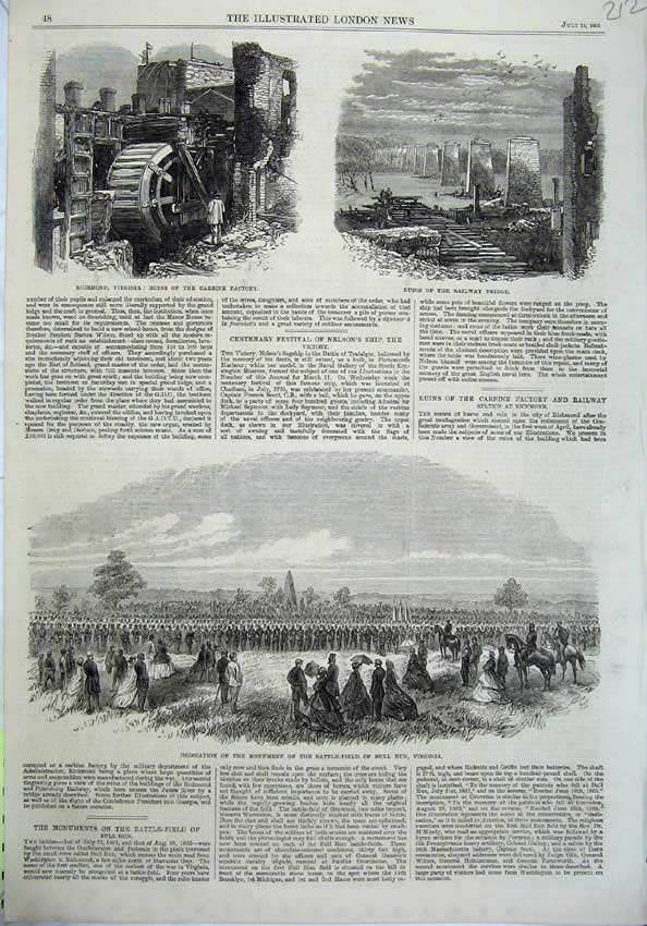Original Old Antique Print Monument Battle Bull Virginia 1865 Railway Virginia