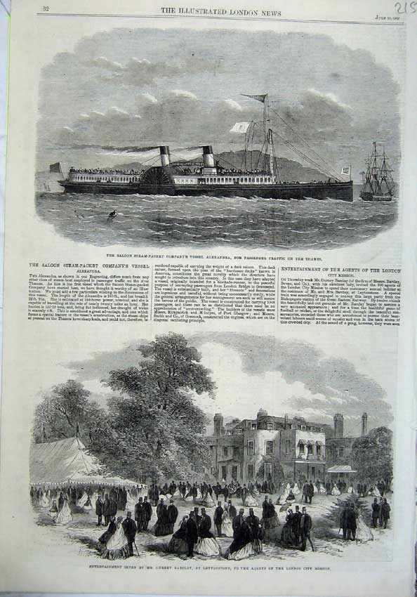 Original Old Antique Print 1865 Steam Ship Alexandra Thames Barclay Leytonstone