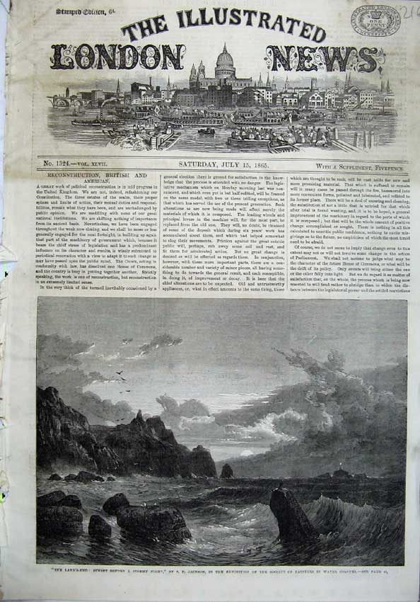 Old Antique Print 1865 Lands End Sunset Stormy Night Cliffs Sea Fine Art 19th