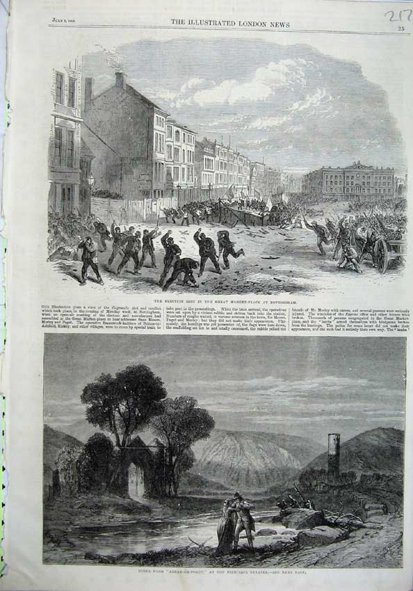 Original Old Antique Print 1865 Election Roit Nottingham Princess Theatre Arrah