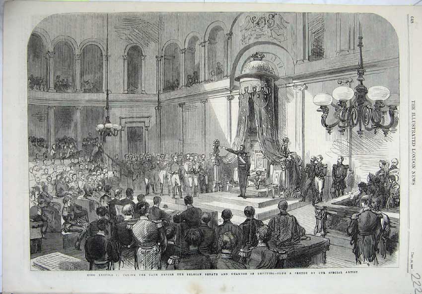 Original Old Antique Print 1865 King LeopBelgian Senate Chamber Deputies Army