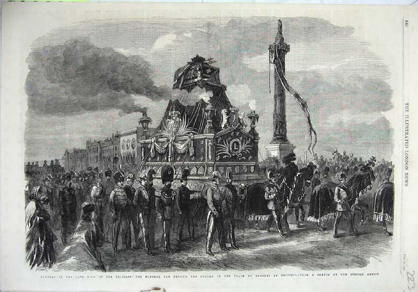 Original Old Antique Print 1865 Funeral King Belgians Column Brussels Place Art