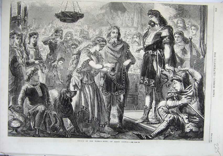 Original Old Antique Print 1865 Fine Art Origin Wassail Bowl James Goodwin Dog