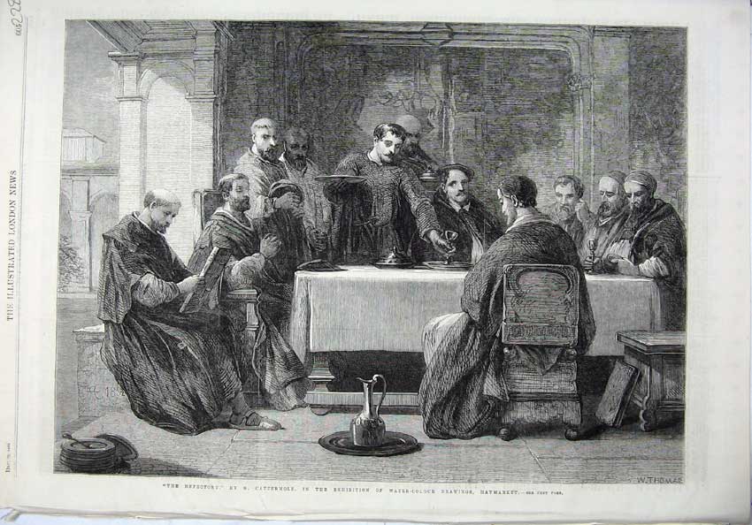 Original Old Antique Print 1865 Refrectory Monks Men Fine Art Cattermole Thomas
