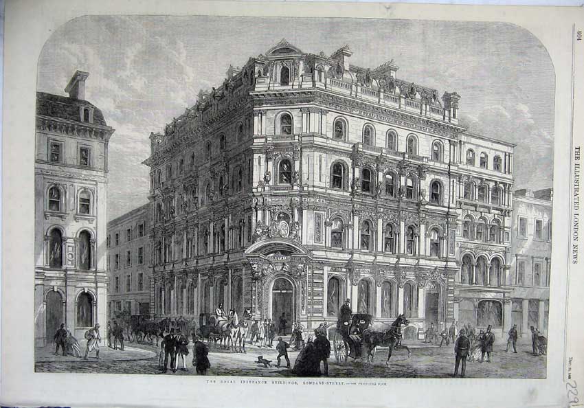 Original Old Antique Print 1865 Exterior View Royal Exchange Buildings Lombard