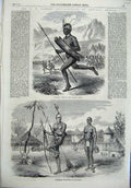 Original Old Antique Print Baker Africa 1865 Commoro Chief Latooka Homes Native