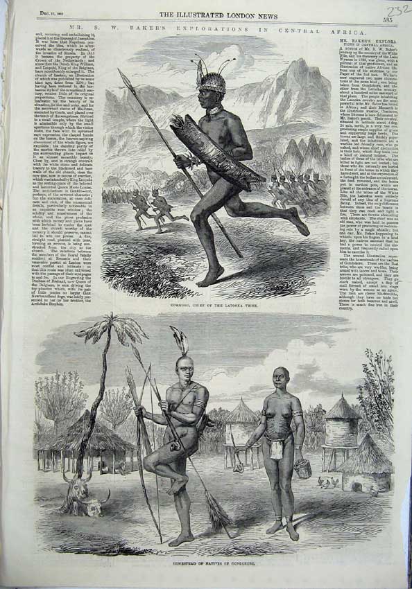 Original Old Antique Print Baker Africa 1865 Commoro Chief Latooka Homes Native