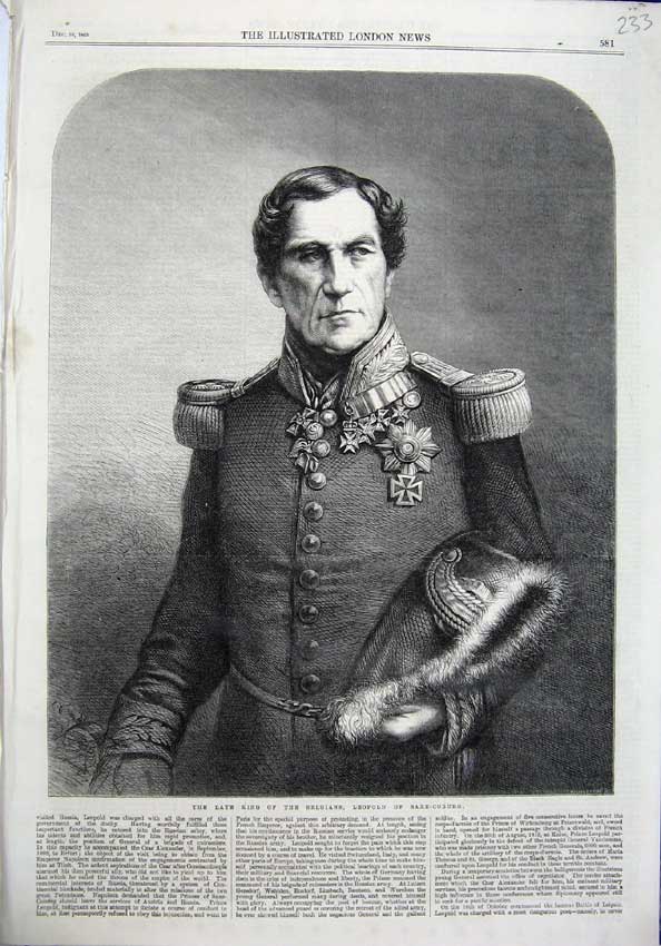 Original Old Antique Print Fine Art1865 King Belgians LeopSaxe-Coburg Portrait
