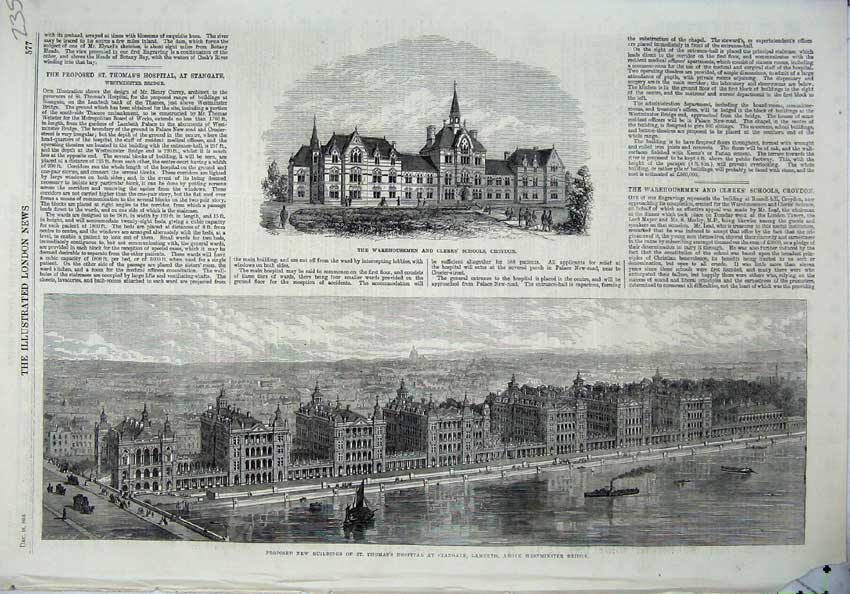 Old Antique Print 1865 School Croydon Thomas Hospital Westminster Bridge 19th