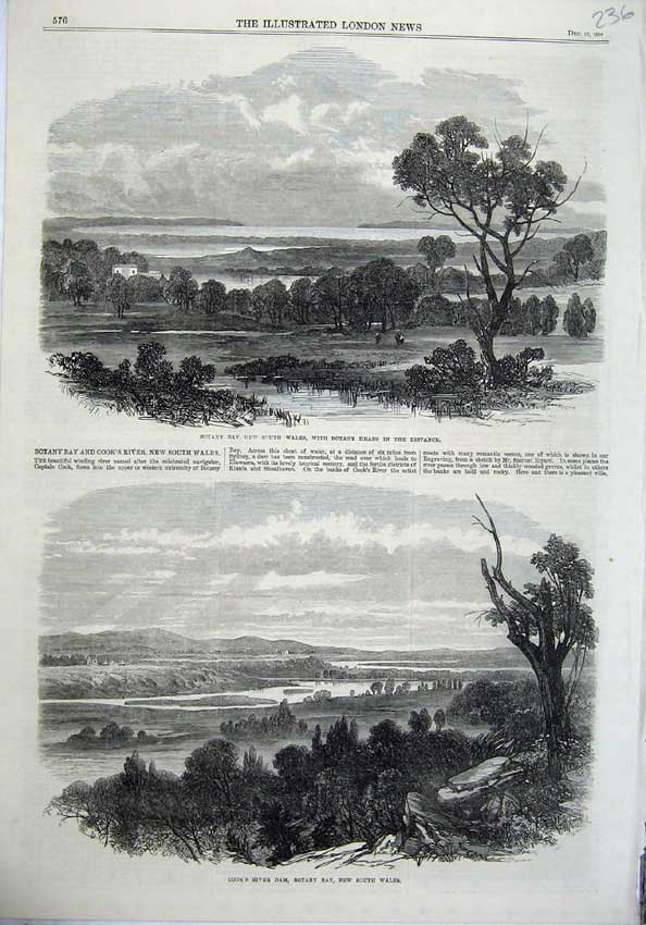 Old Antique Print 1865 Botany Bay Australia Cook'S River Dam Heads Hills 19th