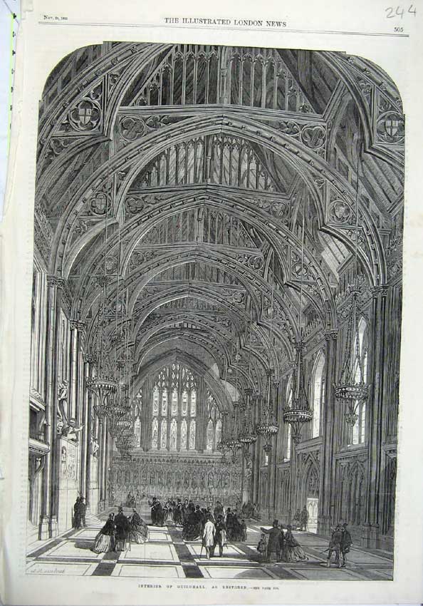 Original Old Antique Print 1865 Interior Guildhall Church Cathedral Fine Art