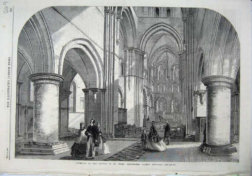 Original Old Antique Print 1865 Interior Church St Cross Winchester Fine Art