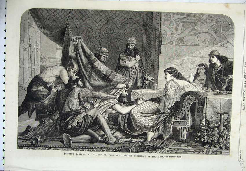 Original Old Antique Print 1865 Esther'S Banquet Liverpool Exhibition Fine Arts