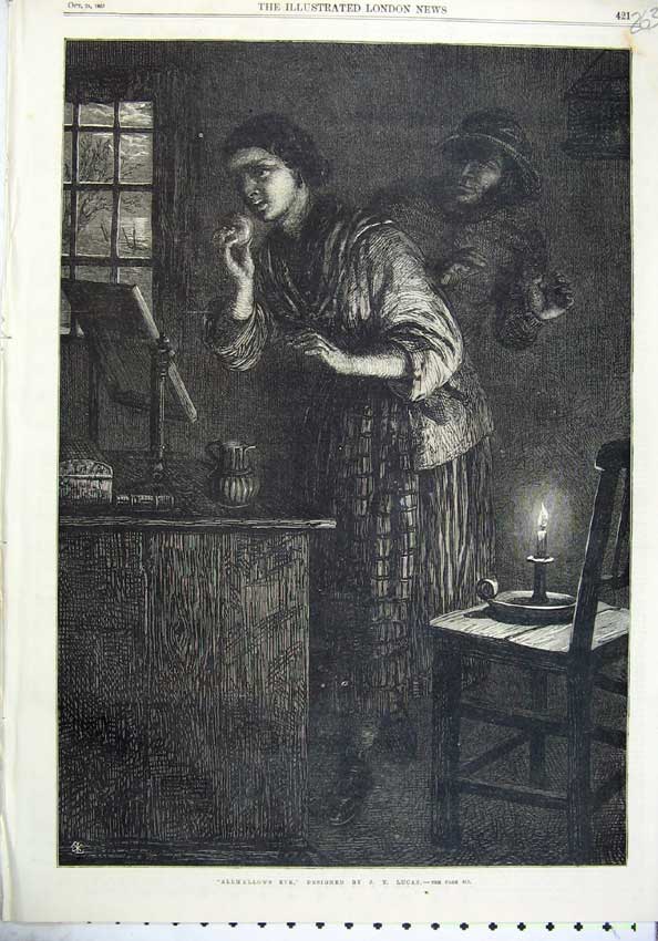 Original Old Antique Print 1865 Fine Art Allhallows Eve Candle Man Woman 19th