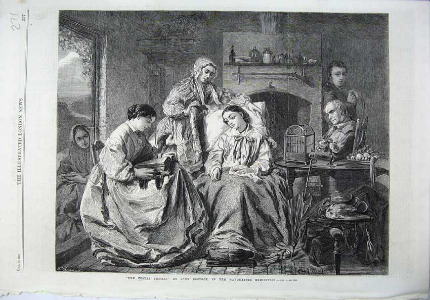 Original Old Antique Print 1865 Foster Sister Women Men House Fine Art Bostock