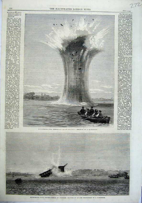 Old Antique Print 1865 Torpedo Shell Chatham Experiments Terpsichore Boat 19th