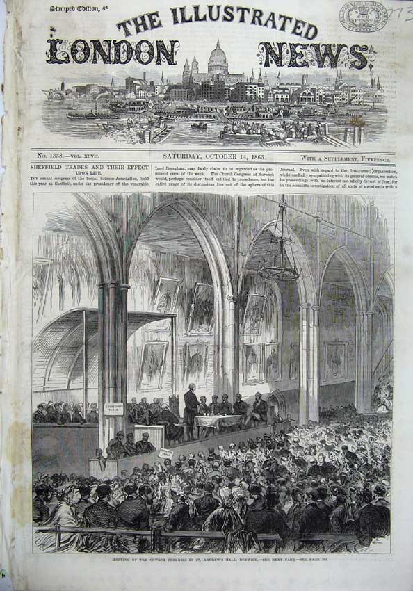 Old Antique Print 1865 Fine Art Church Congress St Andrew'S Hall Norwich 19th