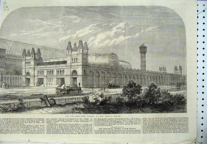 Old Antique Print 1865 New High Level Railway Station Crystal Palace Fine 19th