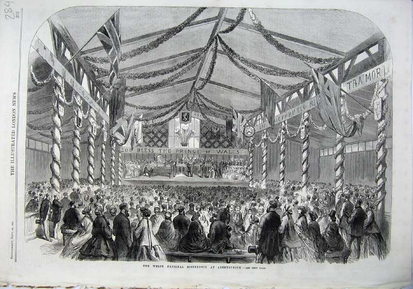 Original Old Antique Print 1865 Fine Art Welsh National Eisteddfod Aberystwith