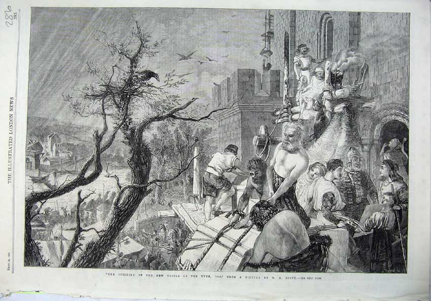 Old Antique Print 1865 Building New Castle Tyne River People Birds Scott 19th