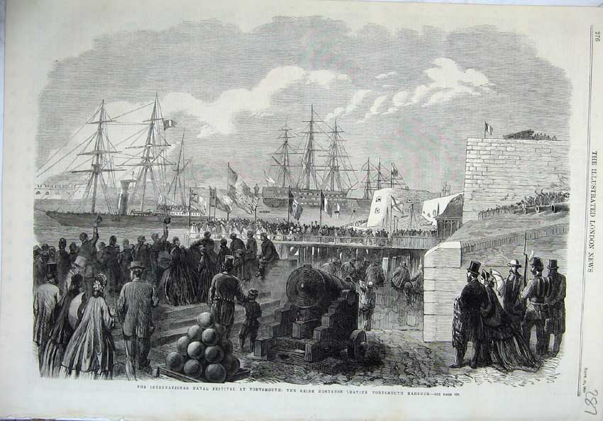 Old Antique Print 1865 Naval Festival Portsmouth Reine Portsmouth Harbour 19th