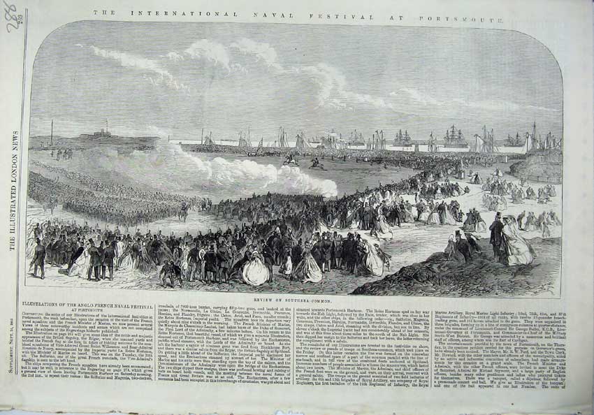 Original Old Antique Print 1865 Southsea Common Portsmouth Festival Naval Ships