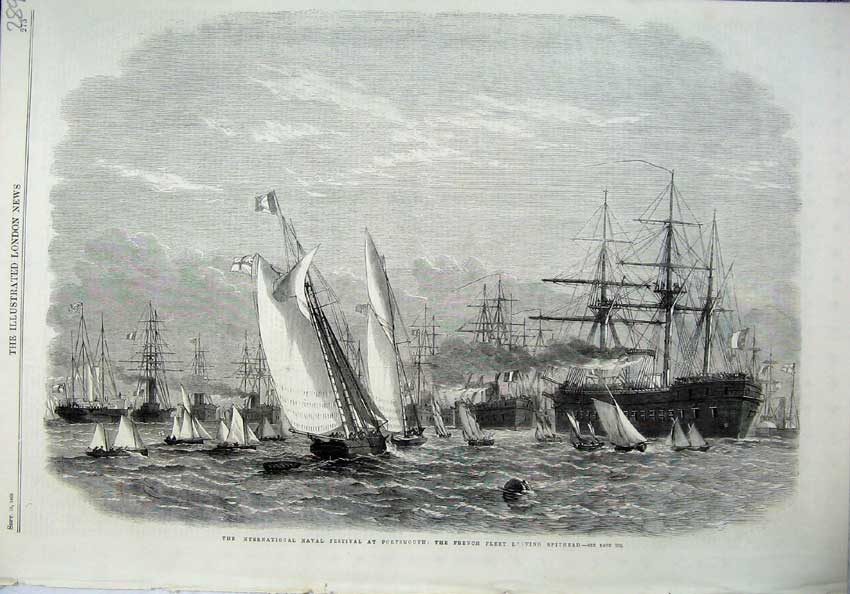 Antique Old Print *0189 1865 Naval Festival Portsmouth French Fleet Spithead