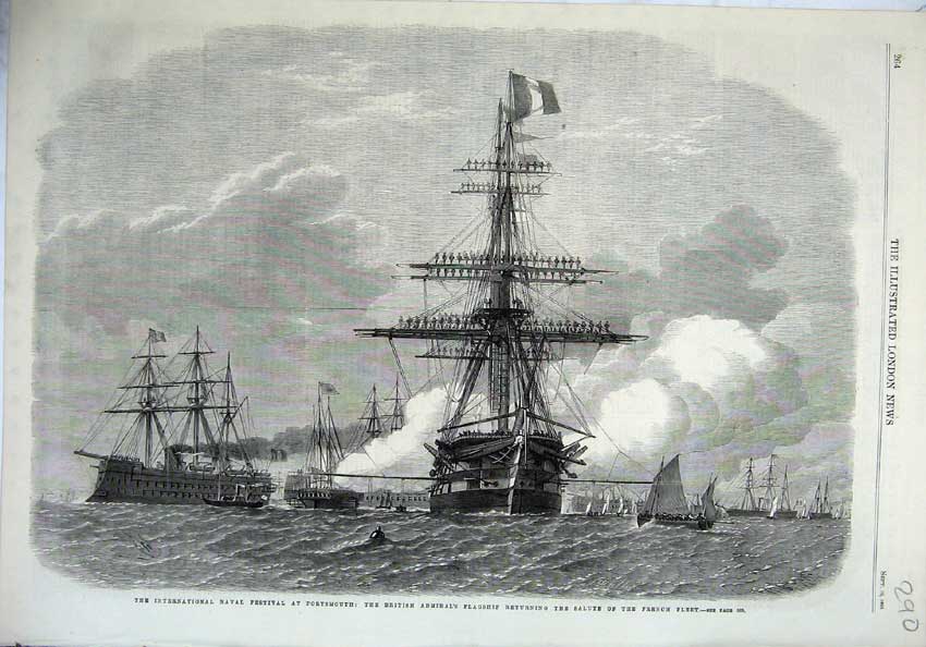 Old Antique Print 1865 Naval Festival Portsmouth Admirals Flagship French 19th