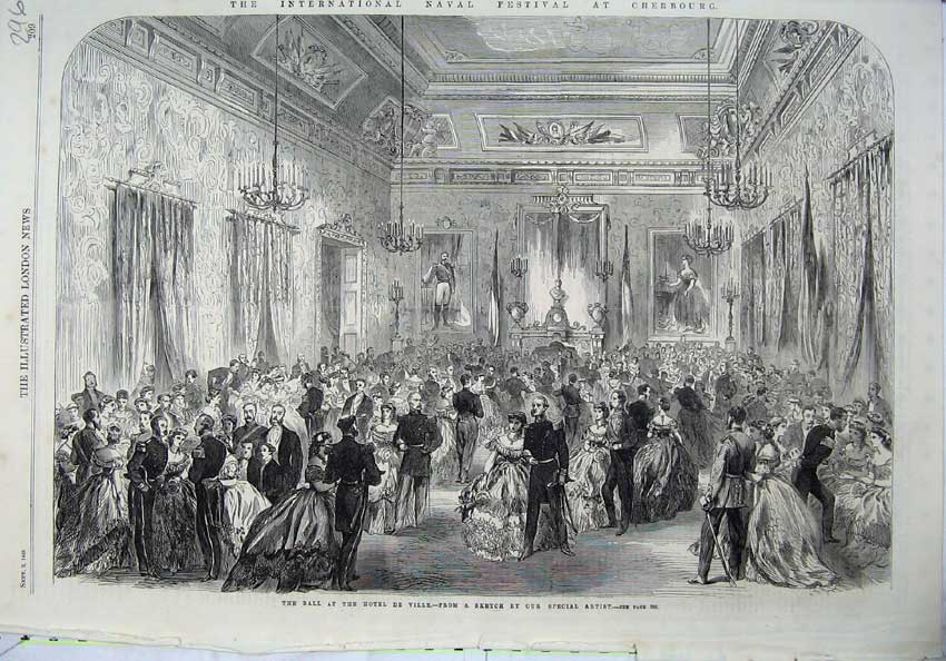 Old Antique Print 1865 Ball Hotel Ville Men Women Dancing Music Fine Art 19th