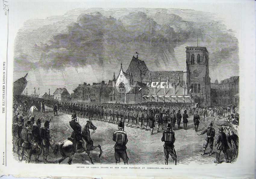 Original Old Antique Print 1865 Review French Troops Place Napoleon Cherbourg