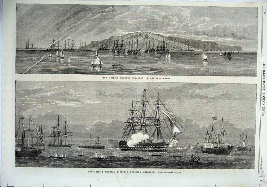 Original Old Antique Print 1865 British Channel Squadron Ship Cherbourg Harbour