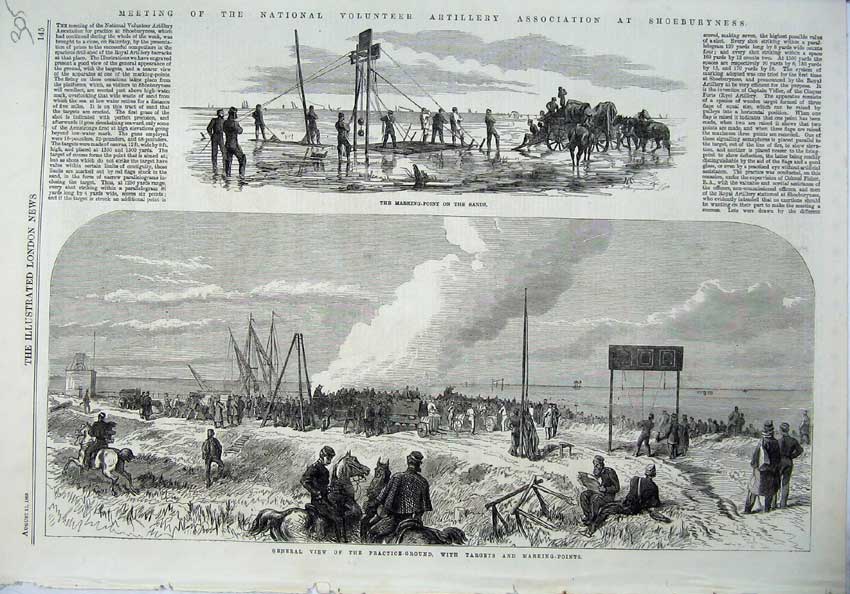 Old Antique Print Shoeburyness1865 Marking Point Sands Artillery Practice 19th