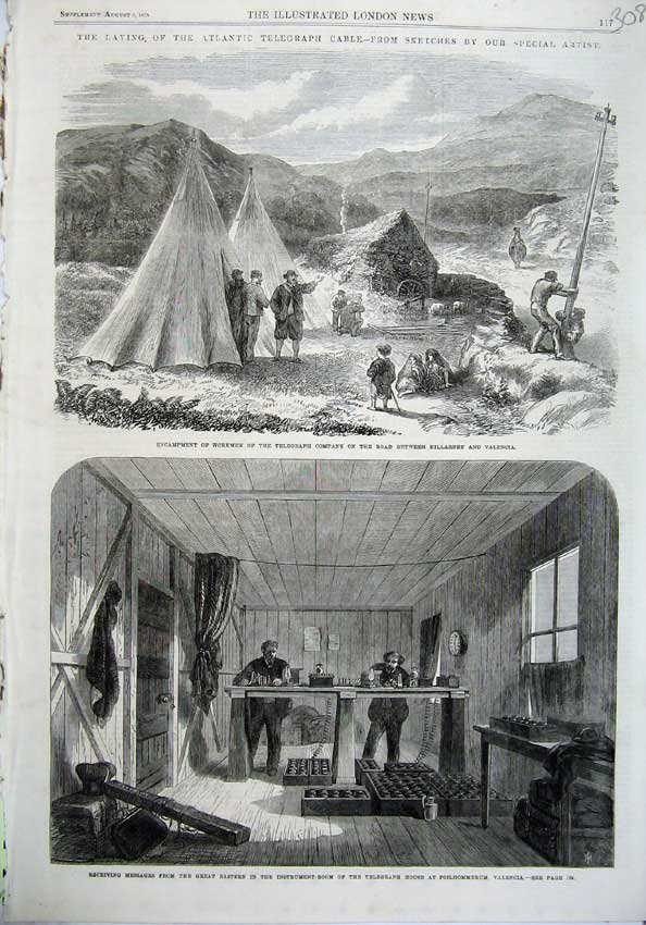 Old Antique Print Telegraph Cable 1865 Camp Killarney Foilhommerum House 19th