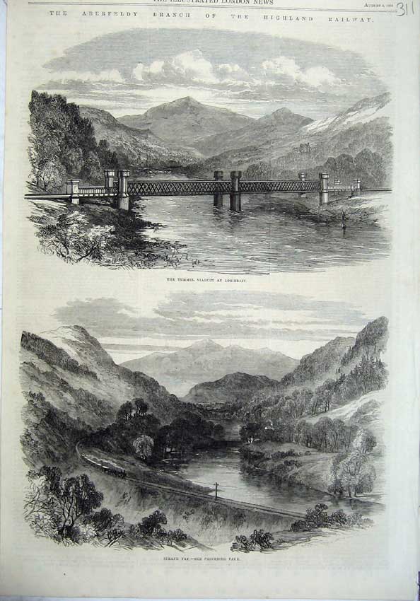 Old Antique Print Scotland Railway 1865 Tummel Viaduct Strath Tay Train 19th