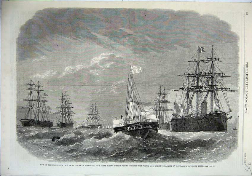 Original Old Antique Print 1865 Prince Wales Plymouth Yacht Osborne Ship French