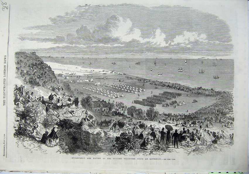 Old Antique Print 1865 Encampment Suffolk Volunteer Corps Lowestoft War 19th